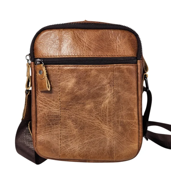 Leather Crossbody Bag Multi Pocket Travel Messenger Bag Unisex Adjustable Strap - Picture 5 of 15